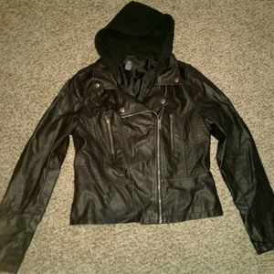 Womens faux leather zip up hooded jacket
